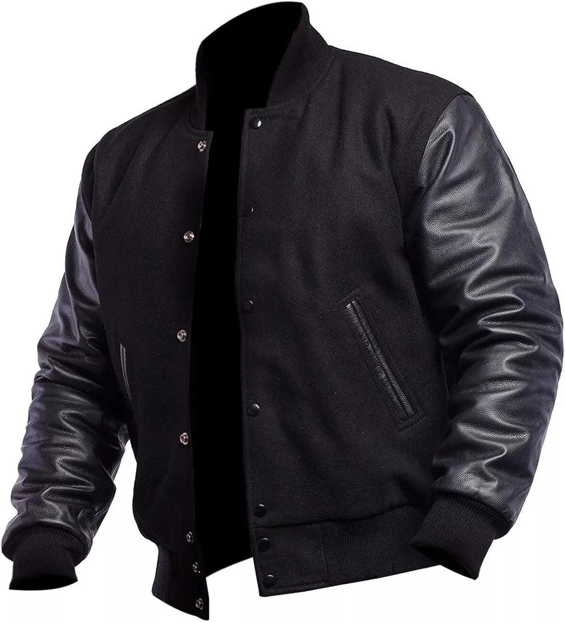 Black Varsity Bomber Jacket, Mens High School Letterman Athletic Style