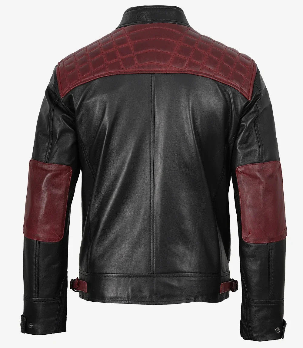 Mens Black and Maroon Leather Jacket, Café Racer Style with Quilted Shoulders