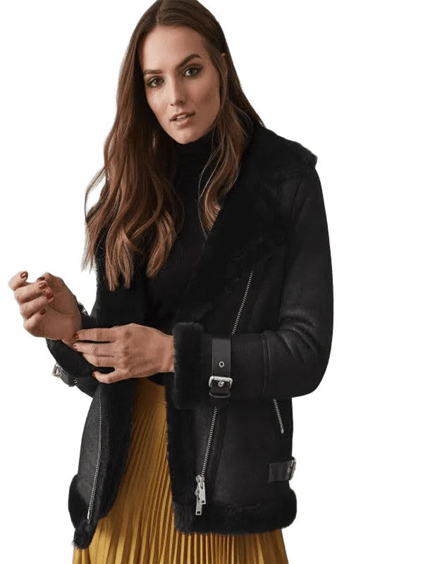 Midnight Luxe Shearling Womens Black Leather Jacket for Fierce Winter Elegance