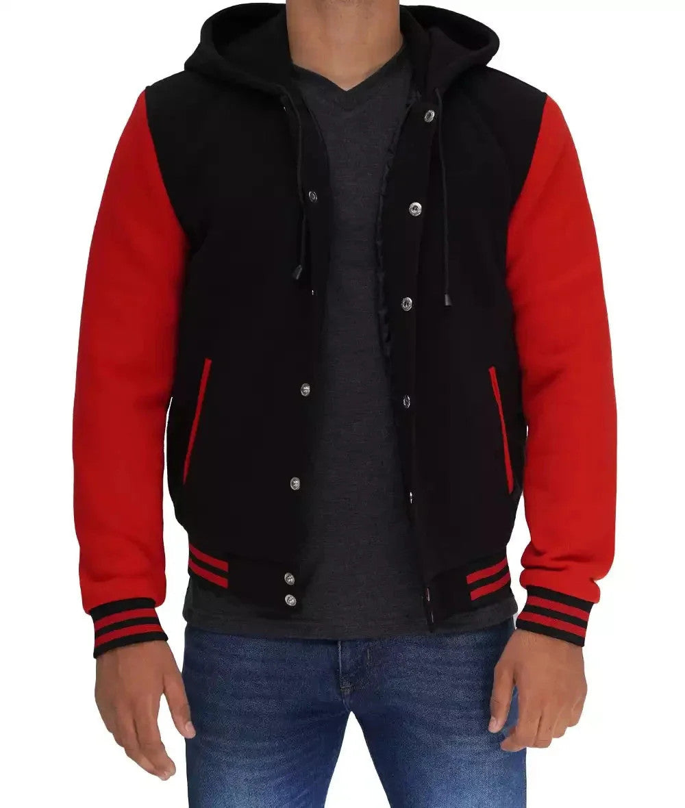 Salerno Black and Red Men’s Jacket, Hooded Varsity Look with Modern Edge