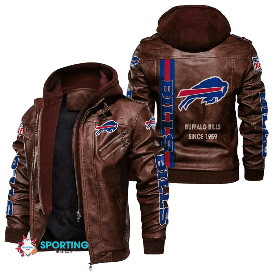 Buffalo Bills Leather Jacket Mens Bomber Vintage Motorcycle Coat, Sticker Patch