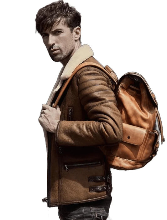 Mens B6 Shearling Bomber Jacket Brown Sheepskin Aviator style, Lapel Fur Collar