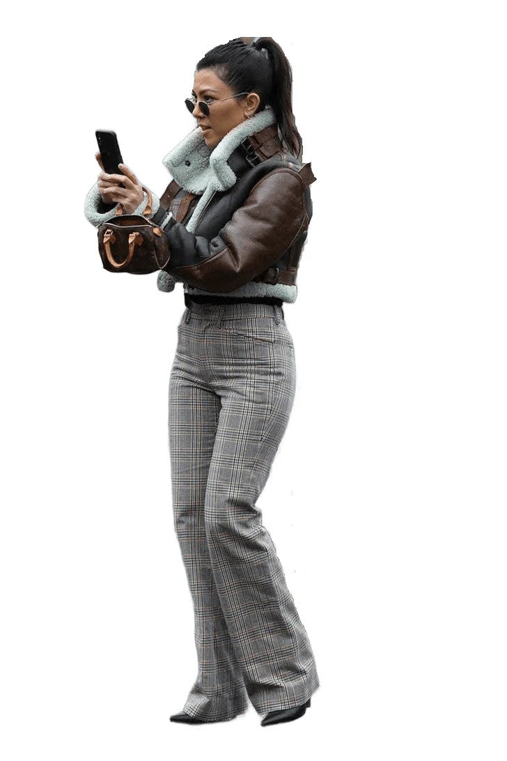 Kourtney Kardashian Style Womens B3 Cropped Shearling Leather Jacket