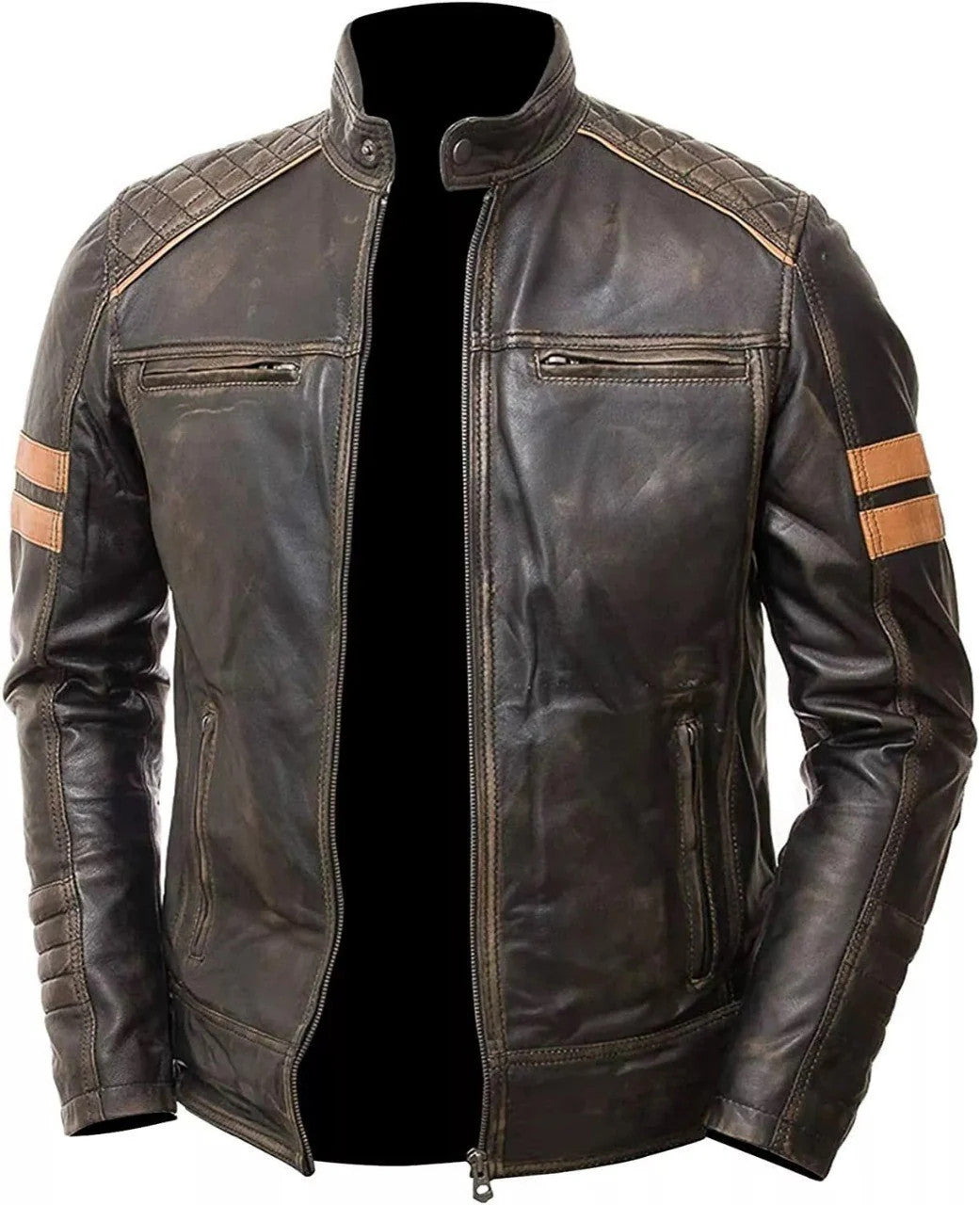 Heritage Burn Distressed Leather Motorcycle Jacket, Mens Retro Racer