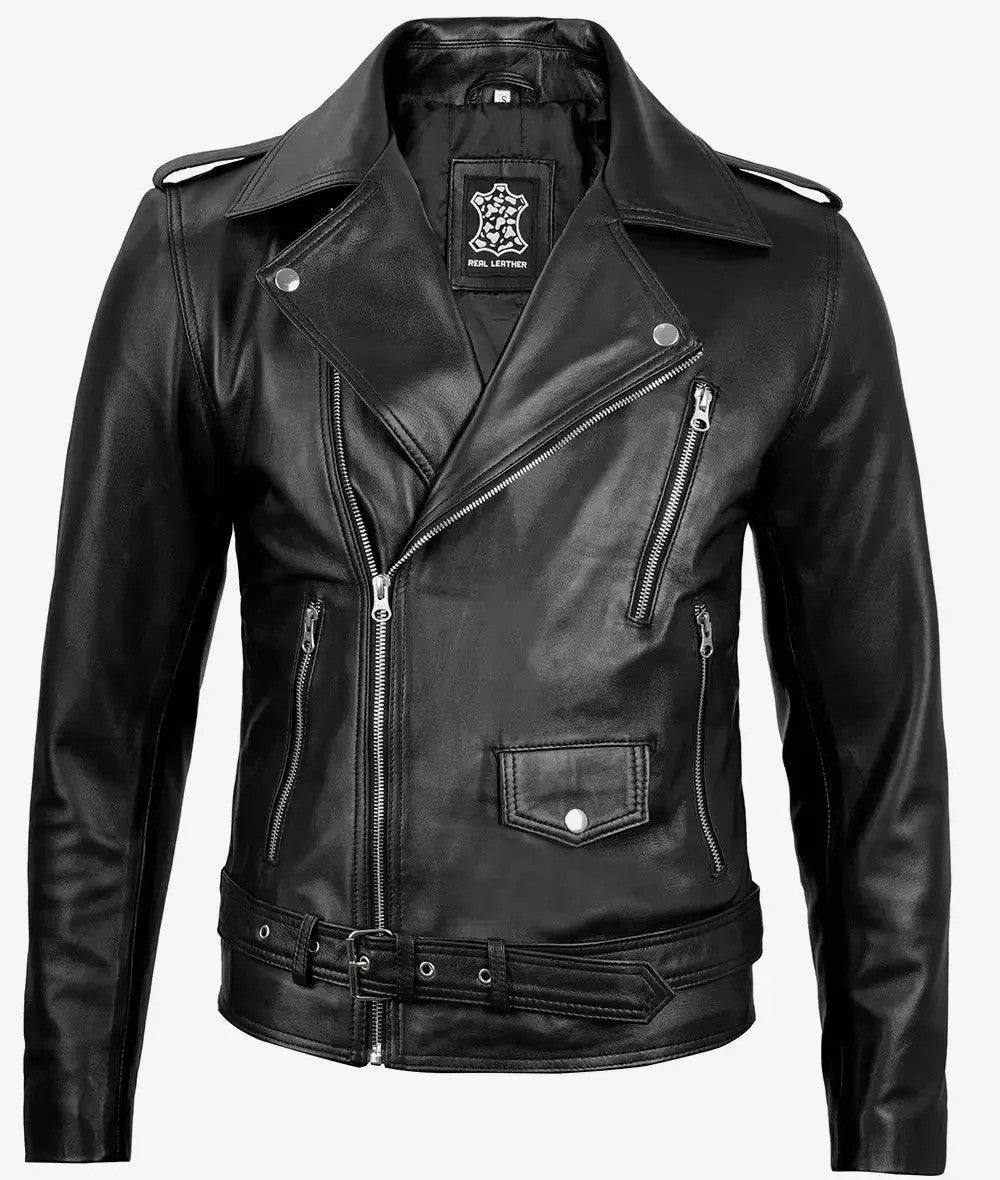 Mens Black Asymmetrical Biker Leather Jacket, Belt-Strapped Rider Edition
