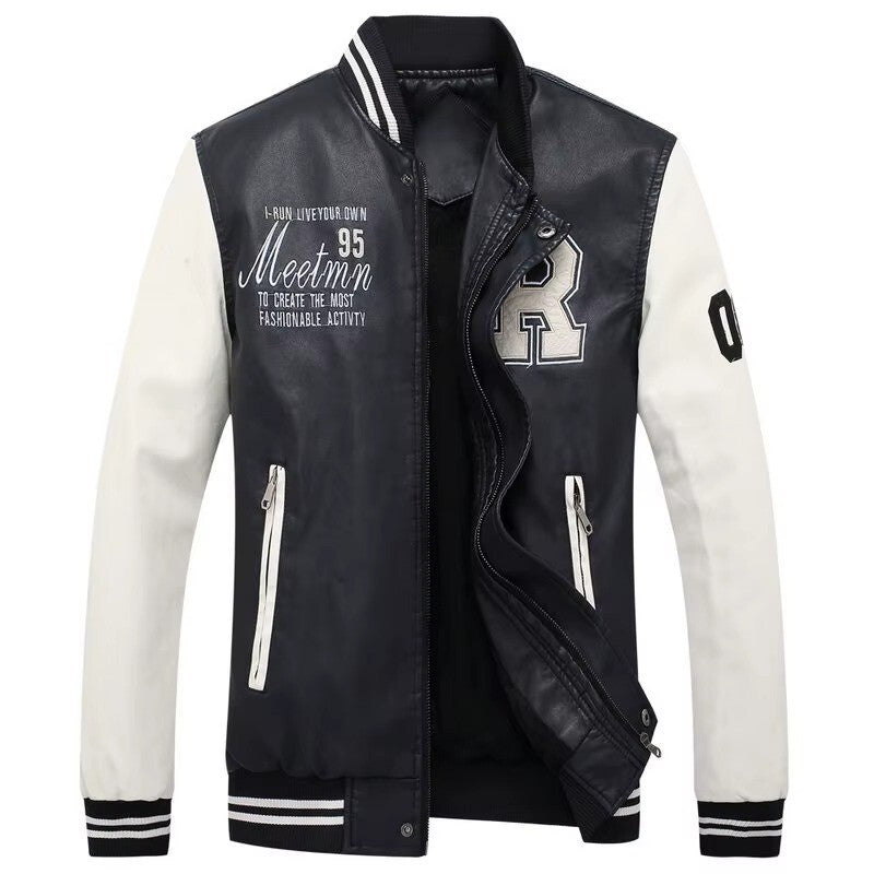 Casual Mens Leather Baseball Jacket, Zip-Up with Cool Patch and Stand Neck