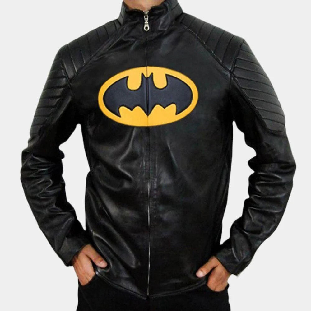 Lego Batman Leather Jacket, Black Padded Superhero Costume with Bat Logo