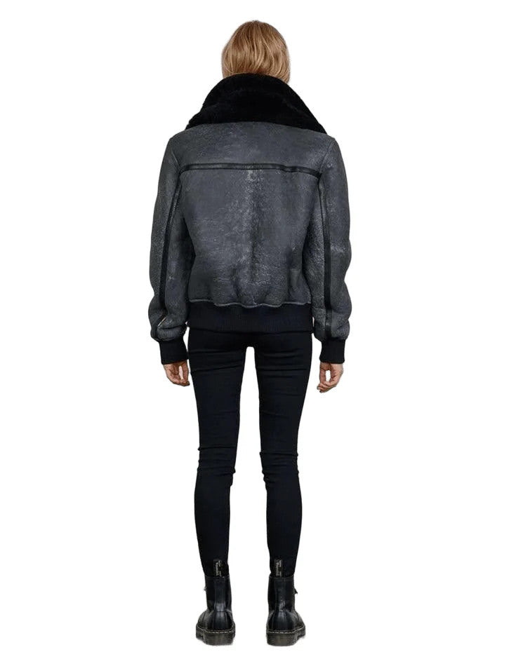 Skyfall Stone Womens Shearling Leather Jacket, Cosmic Warmth and Vintage Edge