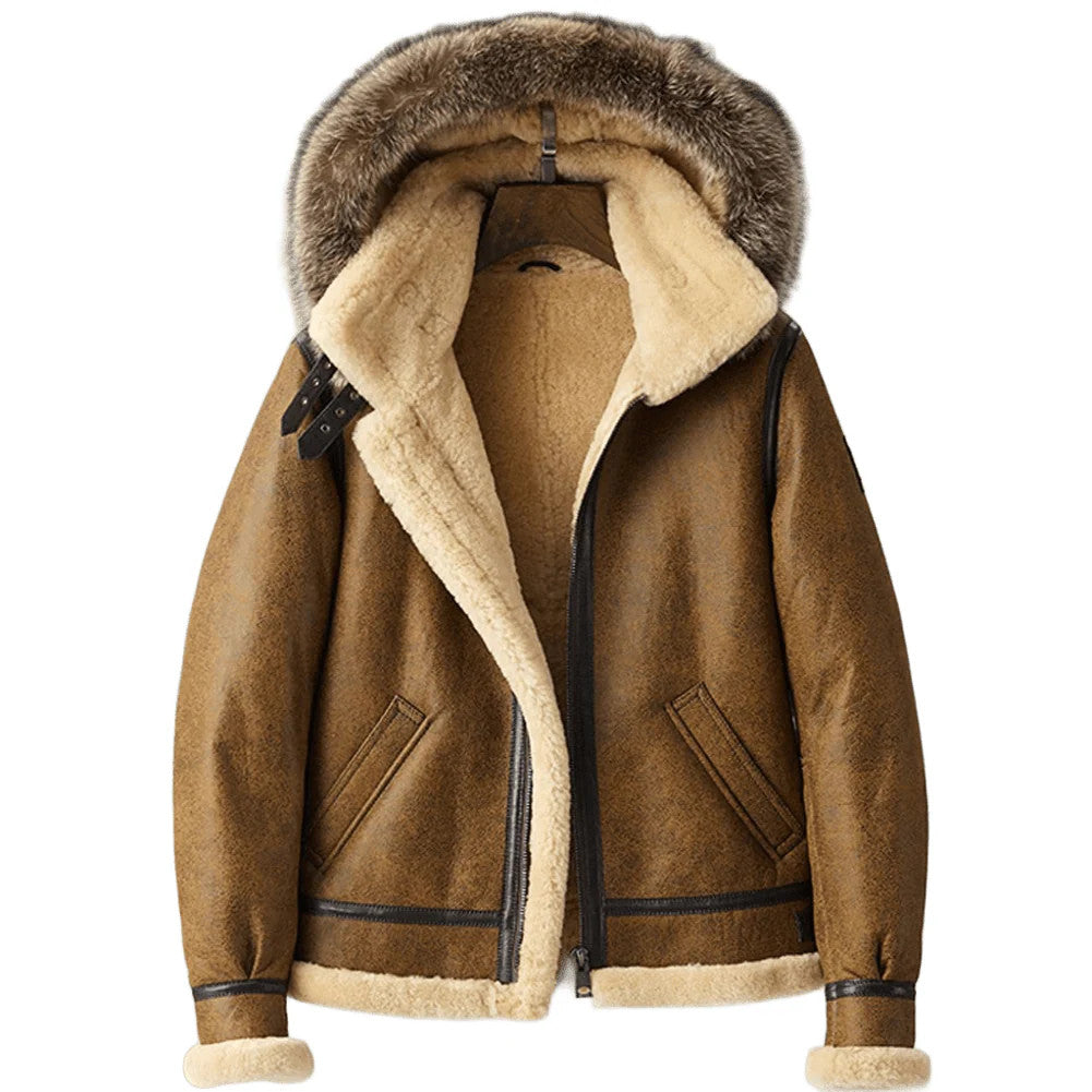 Flightline Fury Hooded Shearling Aviator Jacket in Brown Leather with Fur Trim