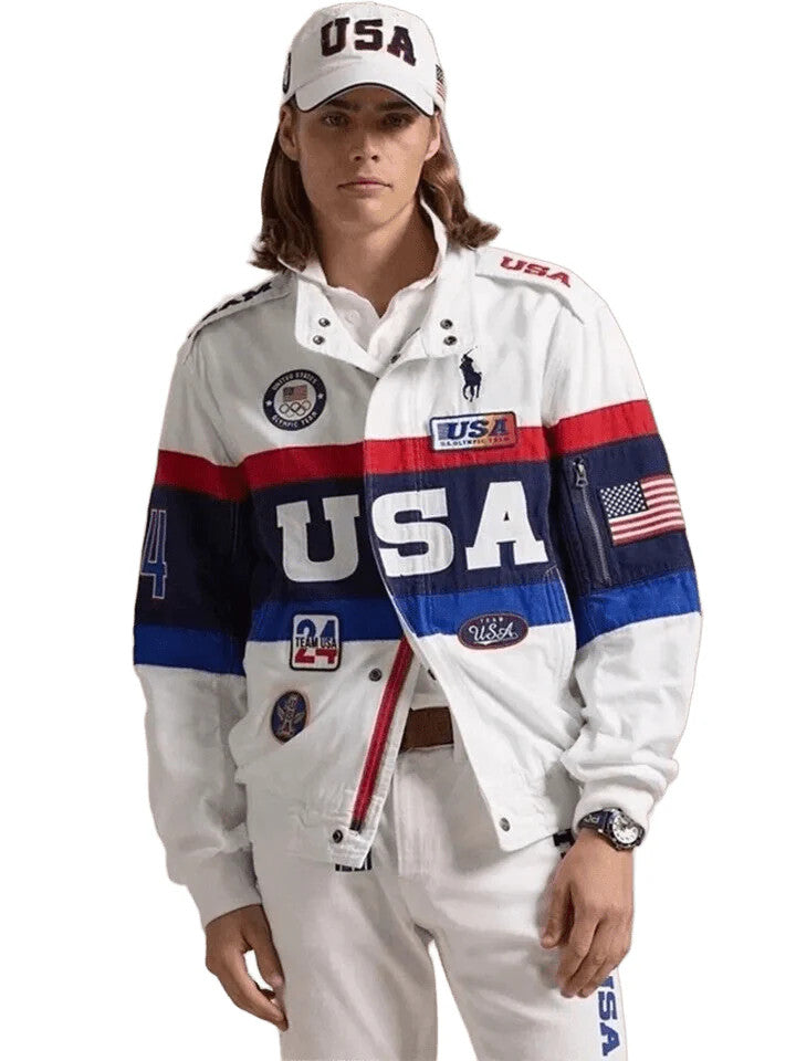 Custom Tailored Mens Classic Team USA Olympic Genuine Leather Jacket