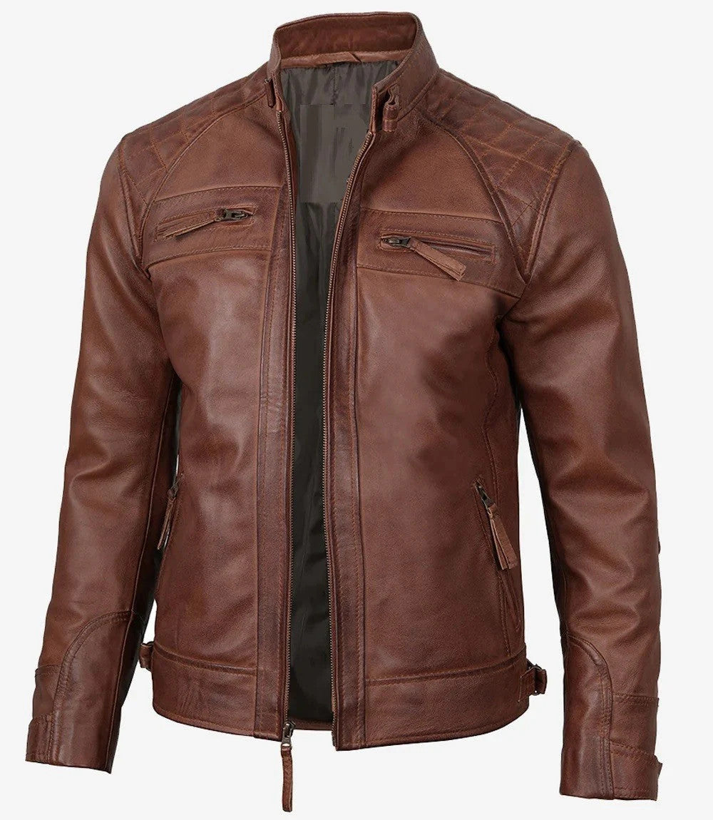Cognac Leather Motorcycle Jacket for Men, Quilted Racer Edition