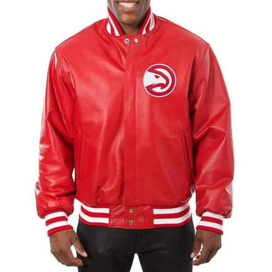 Atlanta Hawks Red Leather Varsity Jacket, Sticker Patch