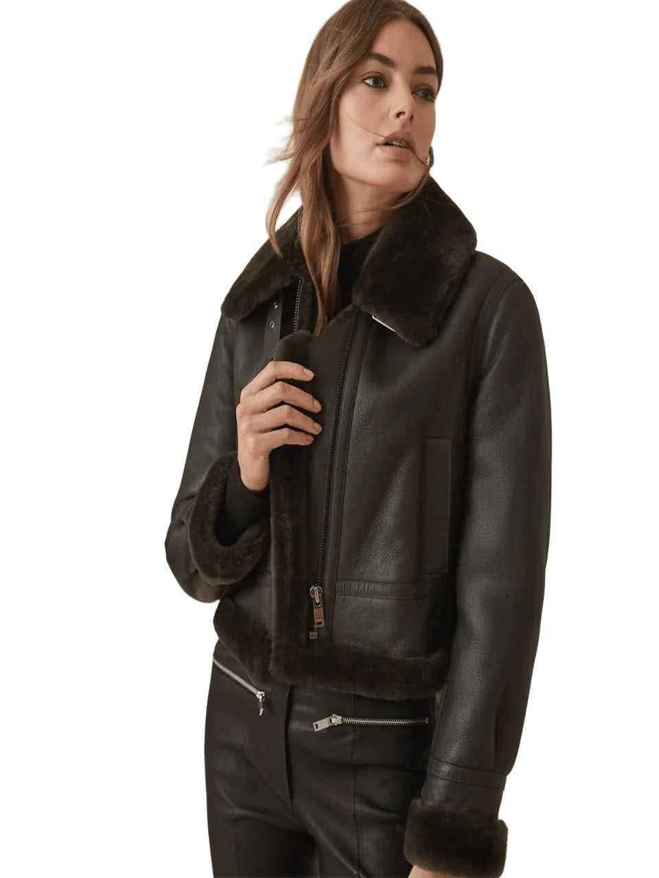 Nightshade Aviator B-3 Bomber Womens Sheepskin Jacket with Arctic Grace