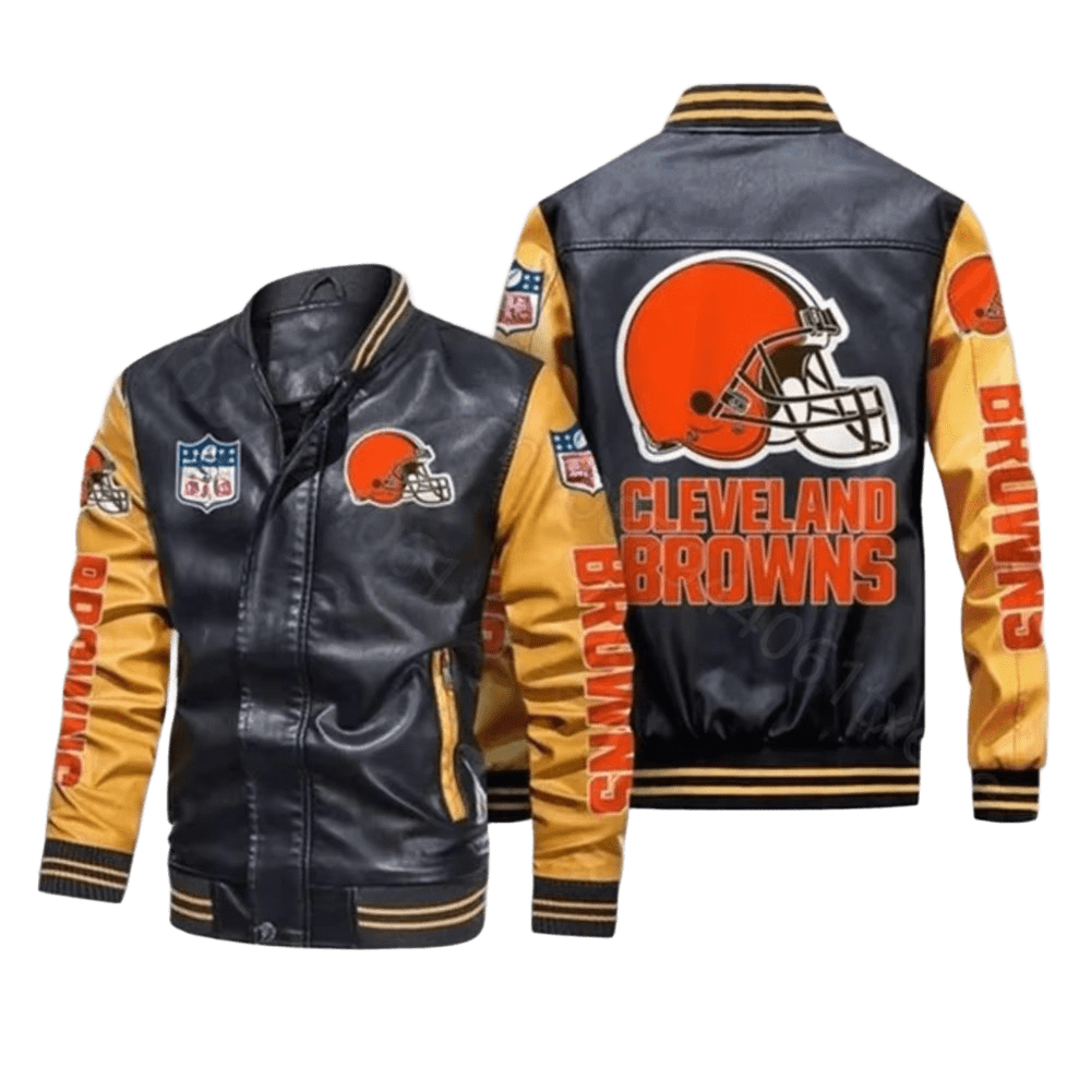 Cleveland Browns NFL Leather Bomber Jacket, Mens Premium Fan Apparel w/ Sticker