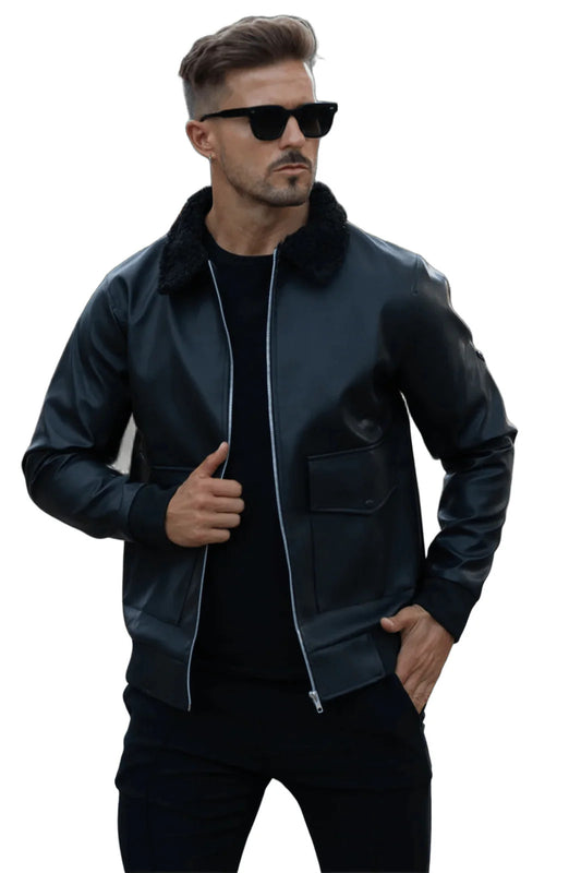 Mens Black Leather Bomber Jacket with Fleece Collar & Utility Pockets