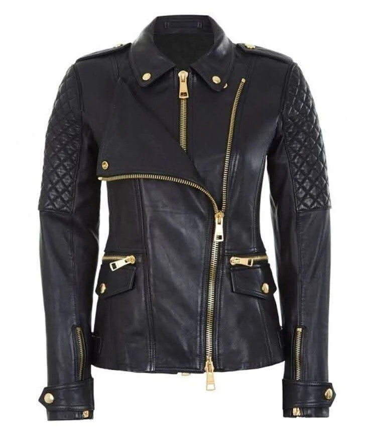 Women's Double-Breasted Leather Biker Jacket | Golden Zipper