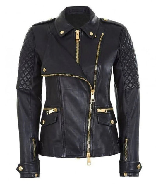 Women's Double-Breasted Leather Biker Jacket | Golden Zipper