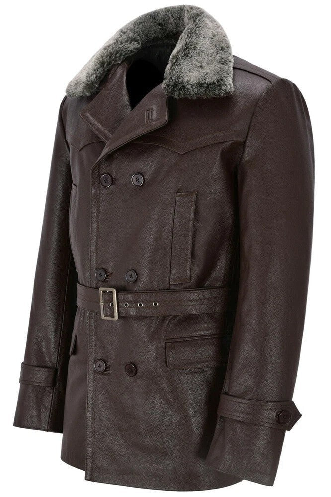Mens Handmade German Peacoat Real Leather Artificial Fur Collar