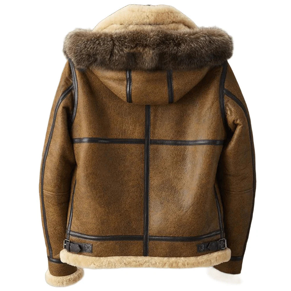 Flightline Fury Hooded Shearling Aviator Jacket in Brown Leather with Fur Trim