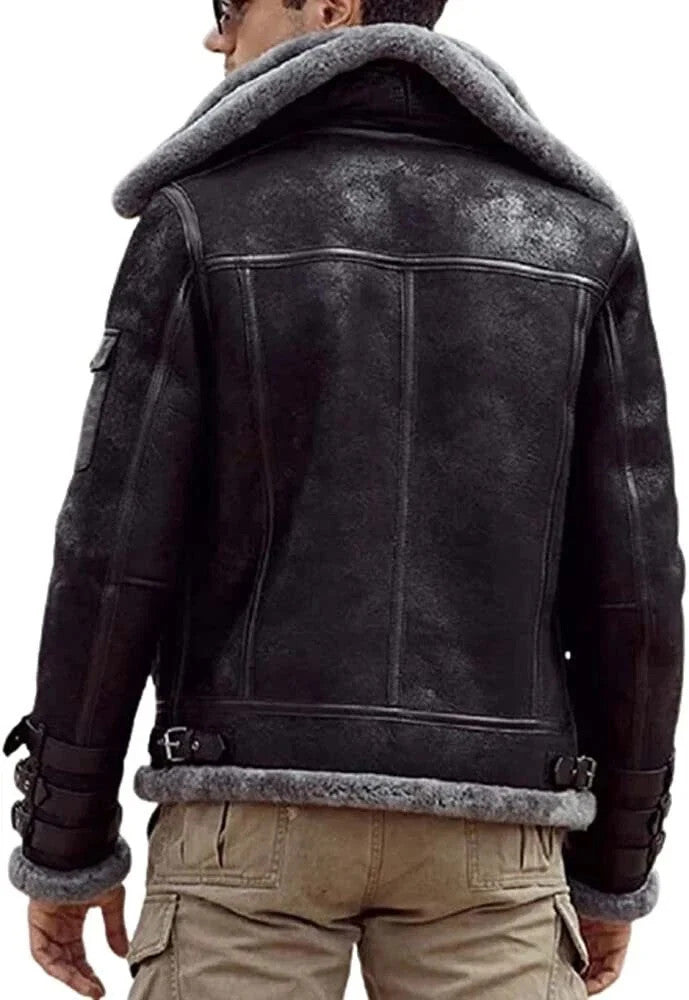 Men B3 Bomber Black Waxed Double collar Real Fur Flying Aviator Leather Jacket