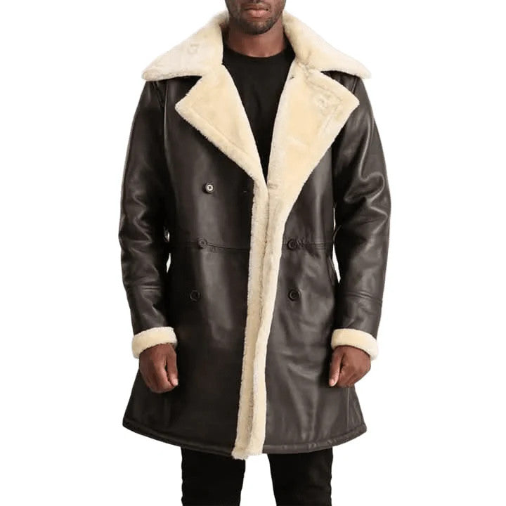 Luxury Men’s Shearling Leather Coat Fur Collar Long Winter Jacket