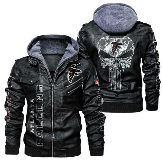 NFL Altanta Falcons Black Leather Bomber Hooded Jacket with Sticker Patch Design