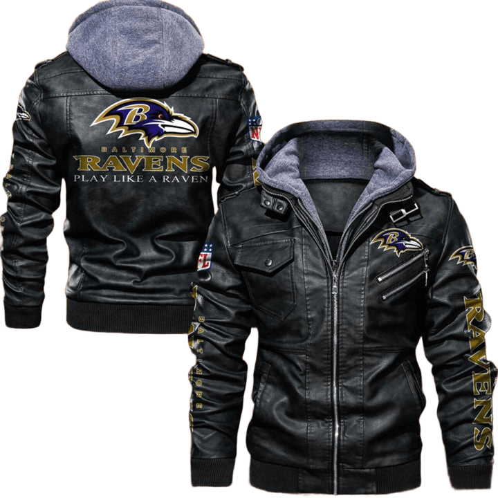 Baltimore Ravens Leather Bomber Jacket, Hooded Style with Patch Variants