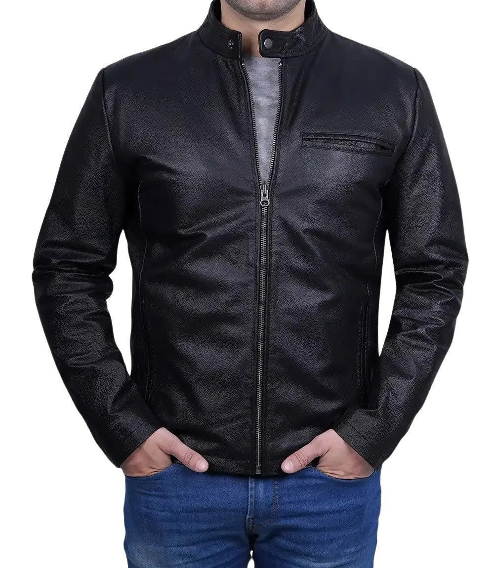 Mens Black Leather Biker Jacket, Heavy-Duty Motorcycle Riding Gear