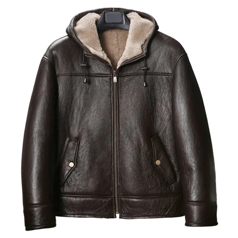 Mens Dark Brown Bomber Sheepskin Leather Hooded Jacket , Cold Weather Outerwear