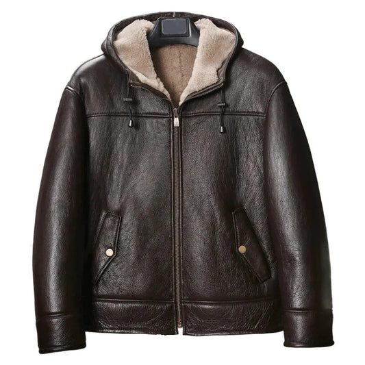 Mens Dark Brown Bomber Sheepskin Leather Hooded Jacket , Cold Weather Outerwear