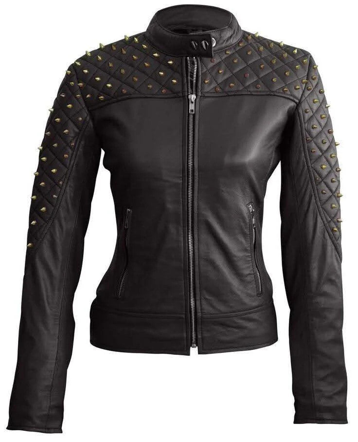 Leather Skin Women Black Shoulder Quilted with Studs Studded Genuine Leather