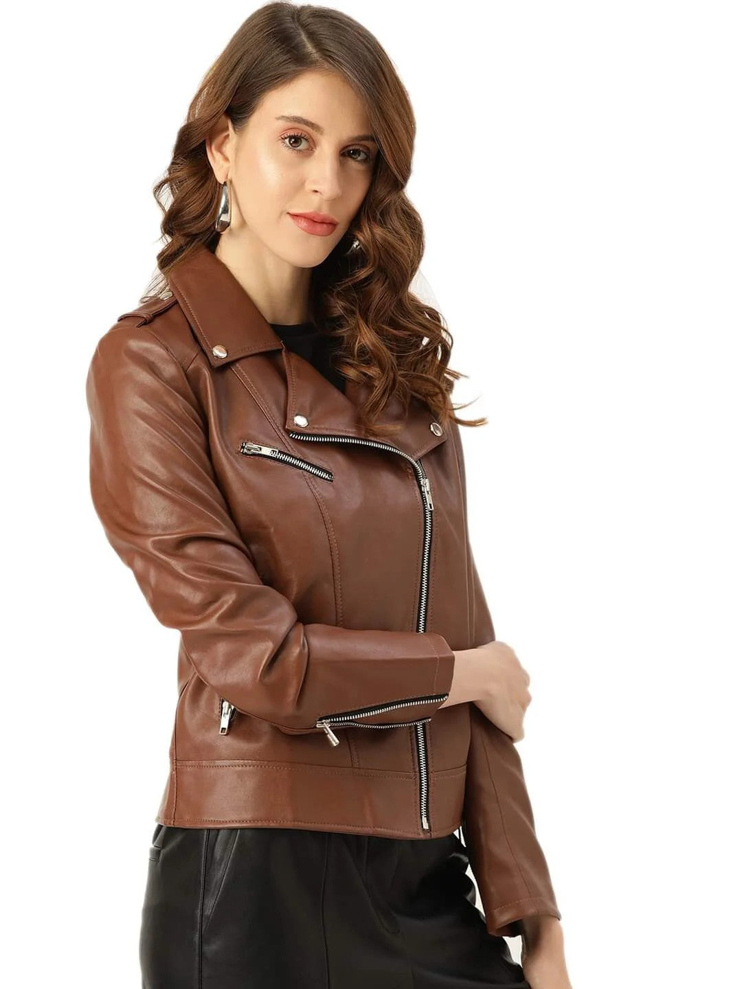 Stylish Lapel Collar Leather Jacket Womens Casual Chocolate Brown
