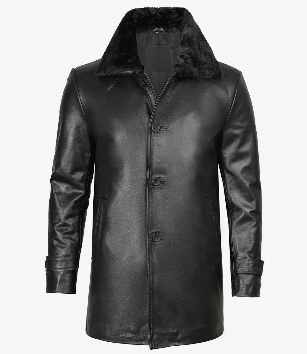Mens Black 3/4 Length Leather Coat, Classic Vintage Look with Fur Collar