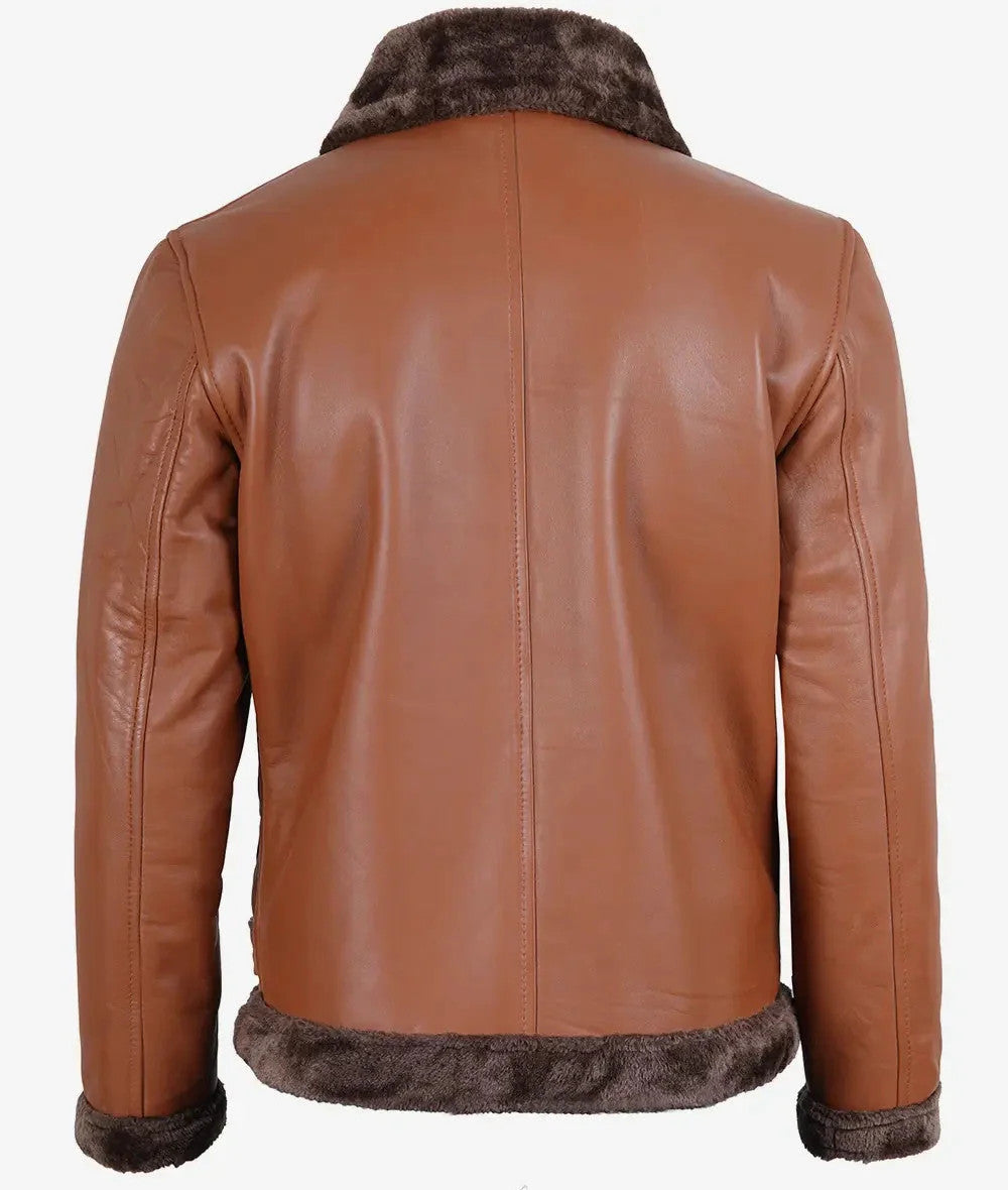 Mens Classic Shearling Leather Aviator, Warm Fur Trimmed Cognac Jacket