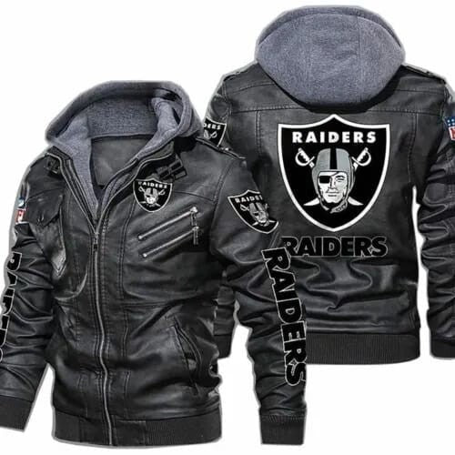 Las Vegas Raiders Mens Vintage Leather Jacket Flight Biker Bomber Hooded Coat