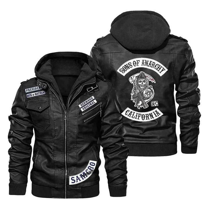 Sons of Anarchy Motorcycle Biker Bomber Hooded Leather Jacket, Sticker Patch