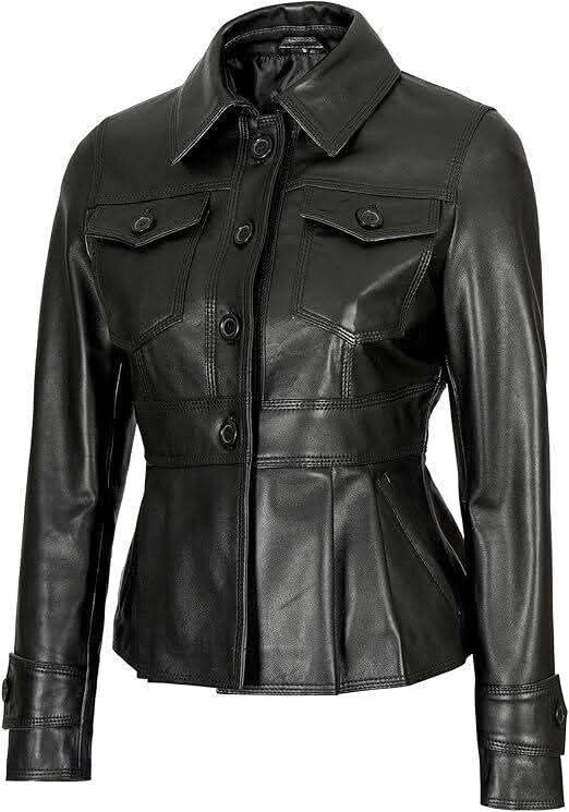 Womens Black Peplum Genuine Leather Jacket, Sleek and Stylish