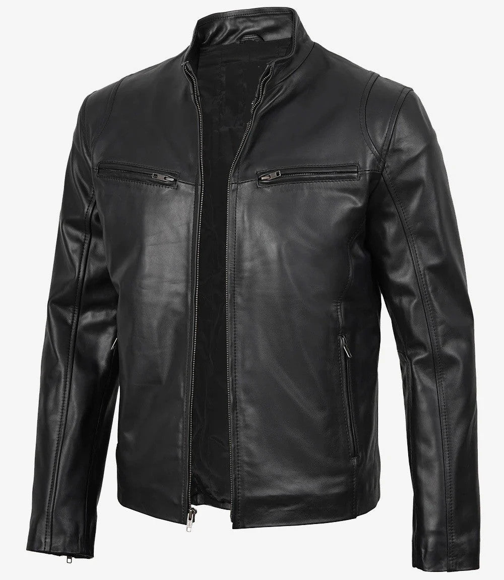 Classic Black Biker Leather Jacket for Men, Café Racer Edge