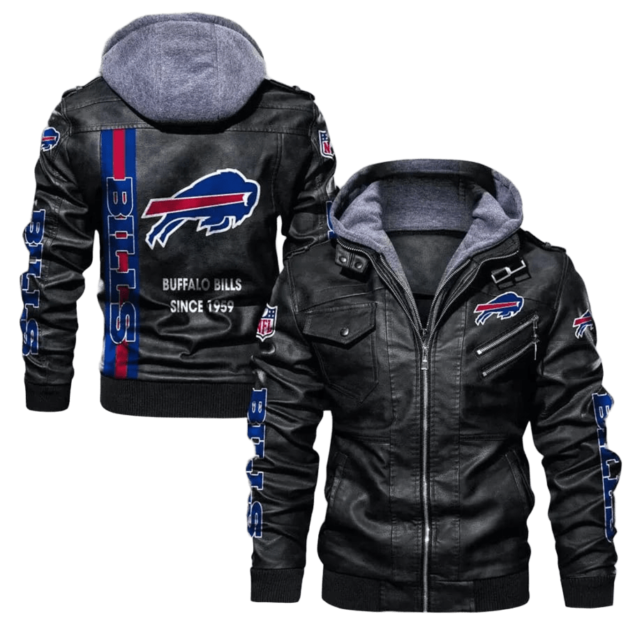 Buffalo Bills Leather Jacket Mens Bomber Vintage Motorcycle Coat, Sticker Patch