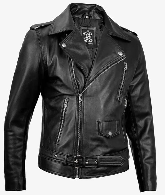 Mens Black Asymmetrical Biker Leather Jacket, Belt-Strapped Rider Edition