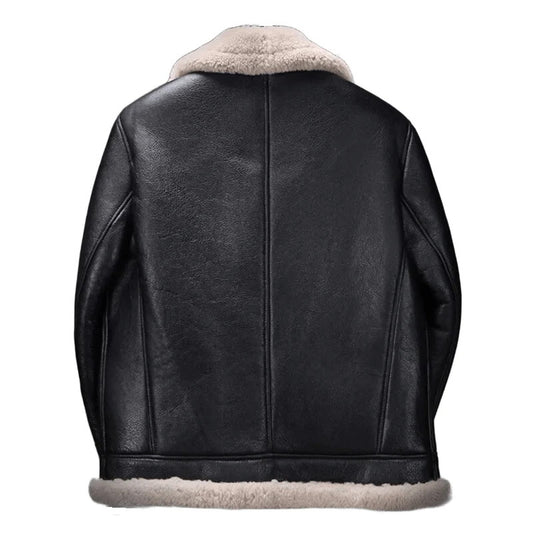 Mens B3 Black Shearling Bomber Leather Jacket, Beige Fur Collar, Aviator Style