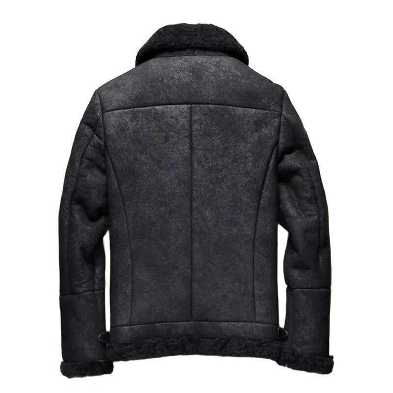 Cold Night Hunter Mens Shearling Coat in Sheepskin Leather with Worn-In Texture