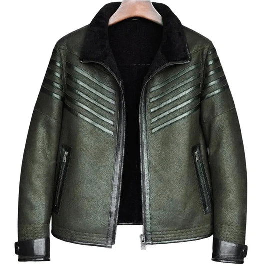 Greenroom Legend B3 Shearling Bomber Jacket, Green Sheepskin Leather and Fur