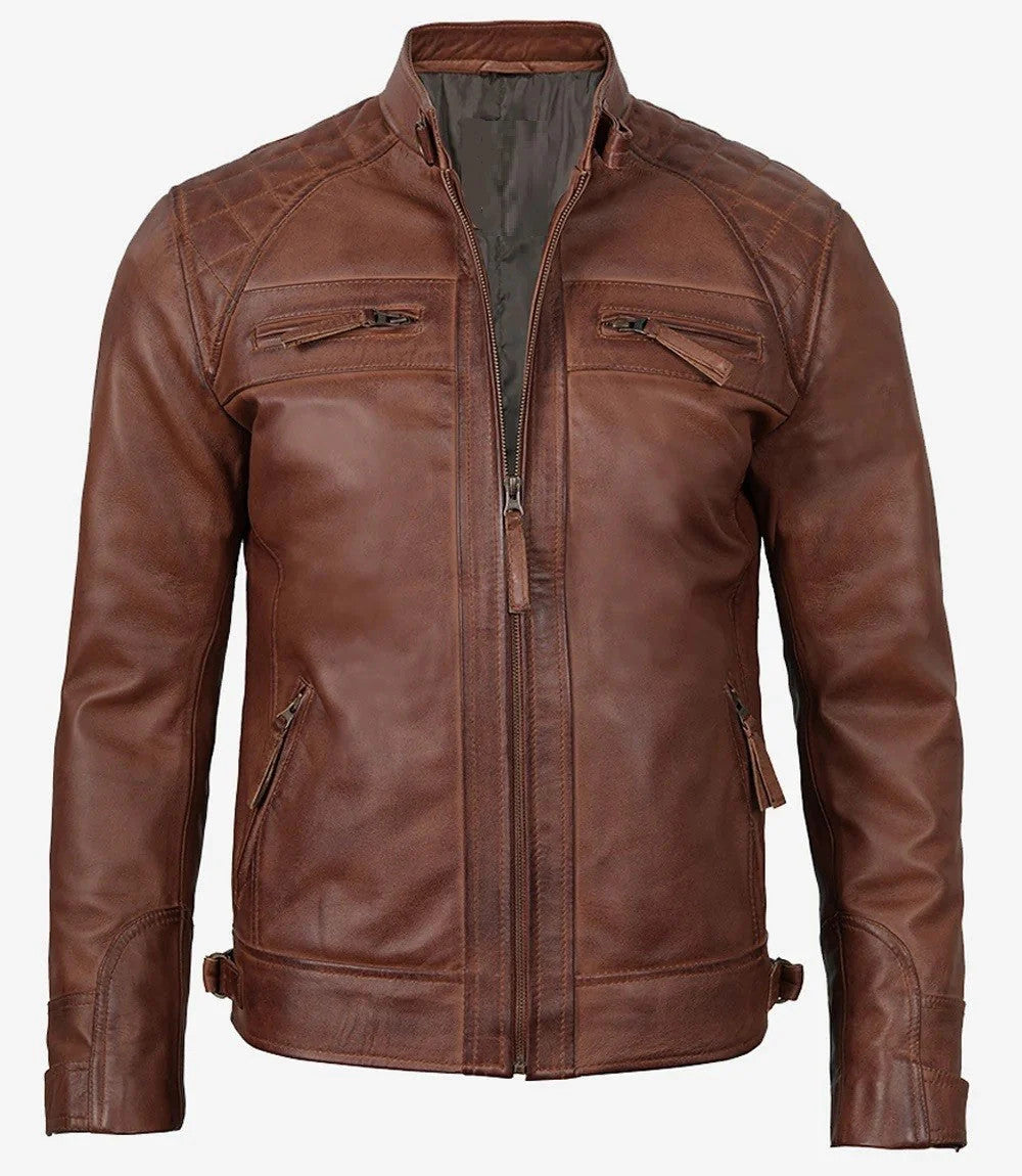 Cognac Leather Motorcycle Jacket for Men, Quilted Racer Edition