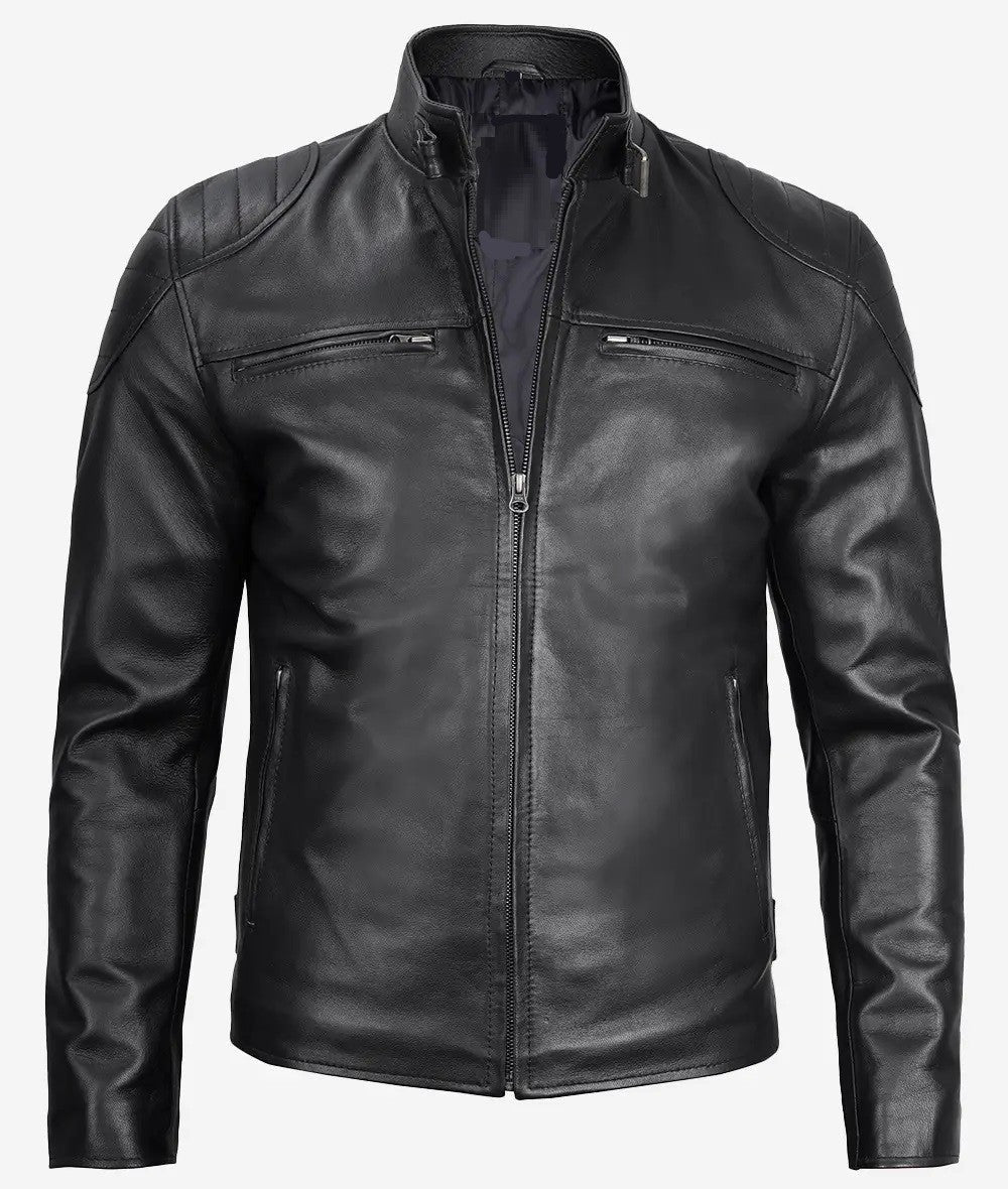Mens Black Leather Biker Jacket, Modern Café Racer with Padded Shoulder