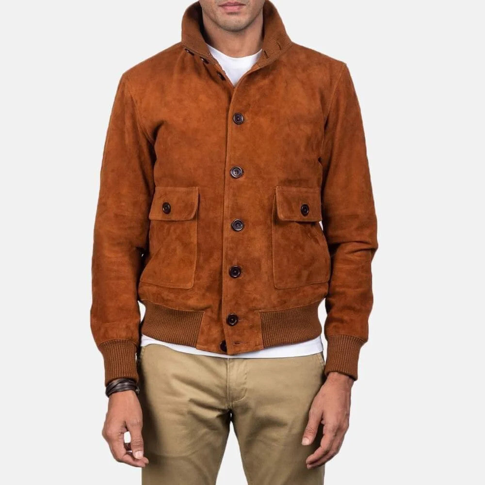 Brown Suede Leather Jacket for Men Button Closure Classic Look