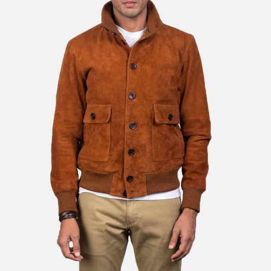 Brown Suede Leather Jacket for Men Button Closure Classic Look