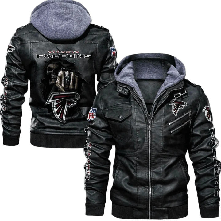 NFL Altanta Falcons Black Leather Bomber Hooded Jacket with Sticker Patch Design