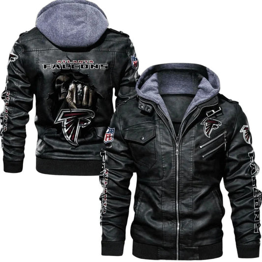 NFL Altanta Falcons Black Leather Bomber Hooded Jacket with Sticker Patch Design