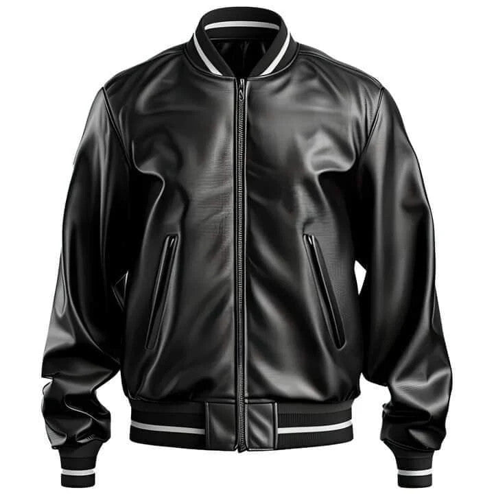 Men’s Black Leather Jacket, Baseball Collar, Rib Knit, Winter Warm